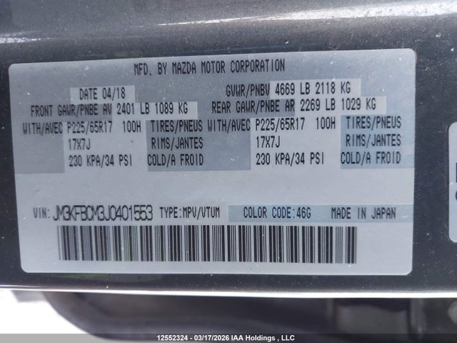 Aukcja sprzedaży 2018 Mazda Cx-5 Gs, vin: JM3KFBCM3J0401553, numer aukcji: 12552324