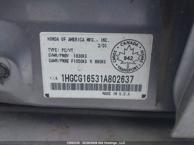 2001 Honda Accord Ex მანქანა იყიდება აუქციონზე, vin: 1HGCG16531A802637, აუქციონის ნომერი: 12552330