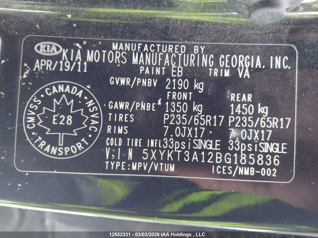 Продаж на аукціоні авто 2011 Kia Sorento Lx, vin: 5XYKT3A12BG185836, номер лоту: 12552331