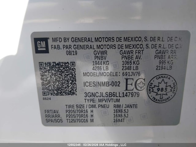 Продаж на аукціоні авто 2020 Chevrolet Trax Lt, vin: 3GNCJLSB6LL147979, номер лоту: 12552345