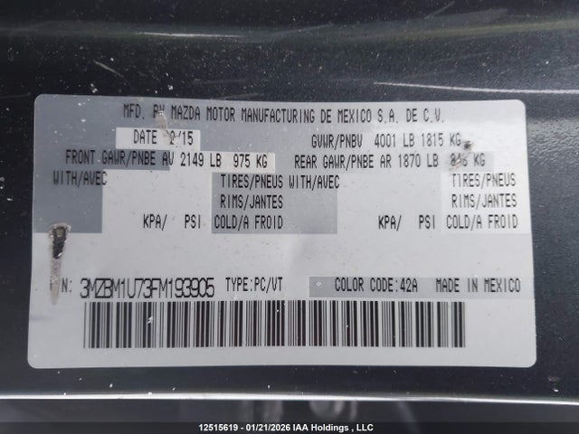 3MZBM1U73FM193905 Mazda Mazda3 Gx