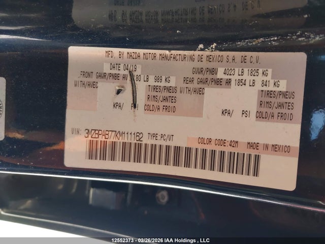 3MZBPAB77KM111162 Mazda Mazda3 Gx