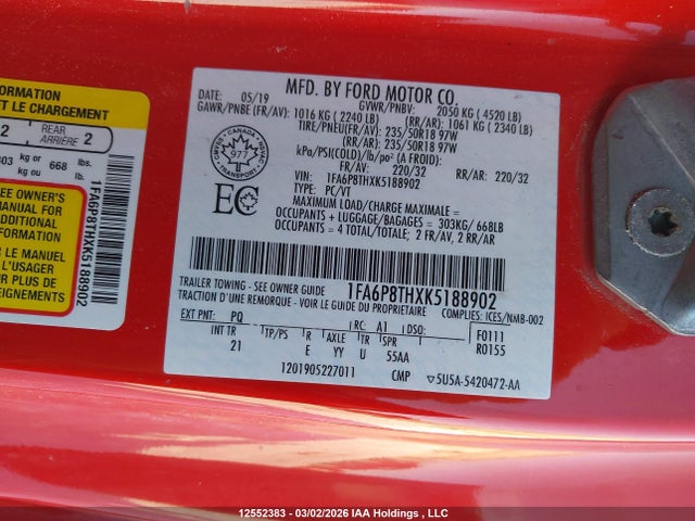 Продажа на аукционе авто 2019 Ford Mustang, vin: 1FA6P8THXK5188902, номер лота: 12552383