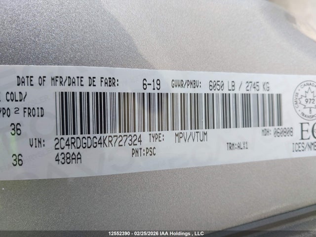 Продажа на аукционе авто 2019 Dodge Grand Caravan Crew, vin: 2C4RDGDG4KR727324, номер лота: 12552390