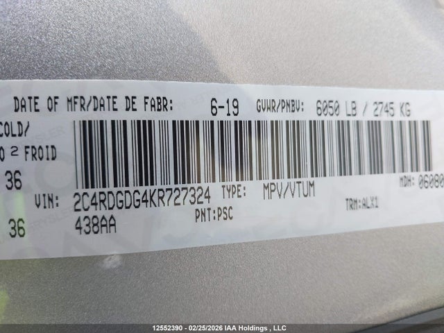 Продажа на аукционе авто 2019 Dodge Grand Caravan Crew, vin: 2C4RDGDG4KR727324, номер лота: 12552390