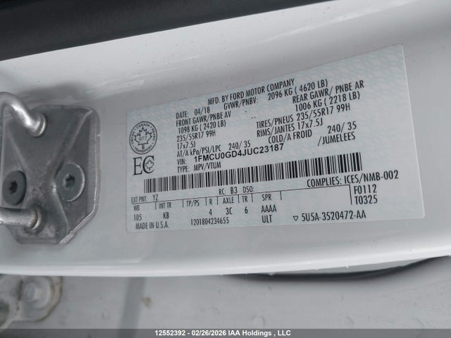 1FMCU0GD4JUC23187 Ford ESCAPE SE