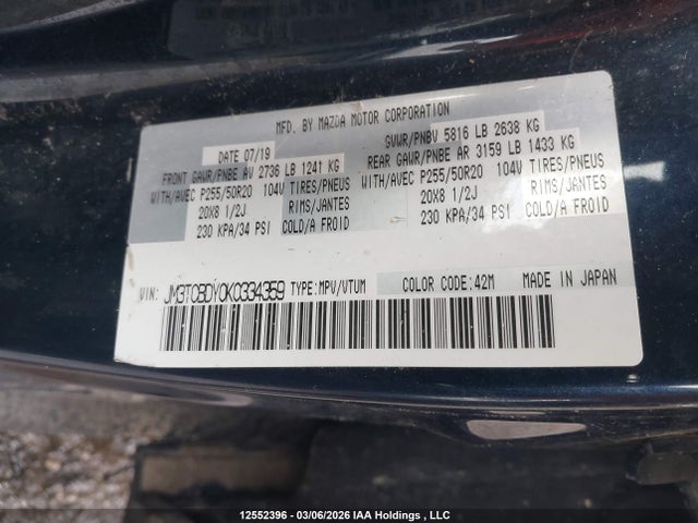 12552396 :رقم المزاد ، JM3TCBDY0K0334359 vin ، 2019 Mazda Cx-9 Grand Touring مزاد بيع