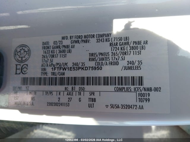 Продаж на аукціоні авто 2023 Ford F150 Supercrew, vin: 1FTFW1E53PKD75950, номер лоту: 12552398