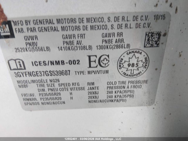 3GYFNGE37GS539607 Cadillac Srx Premium Collection