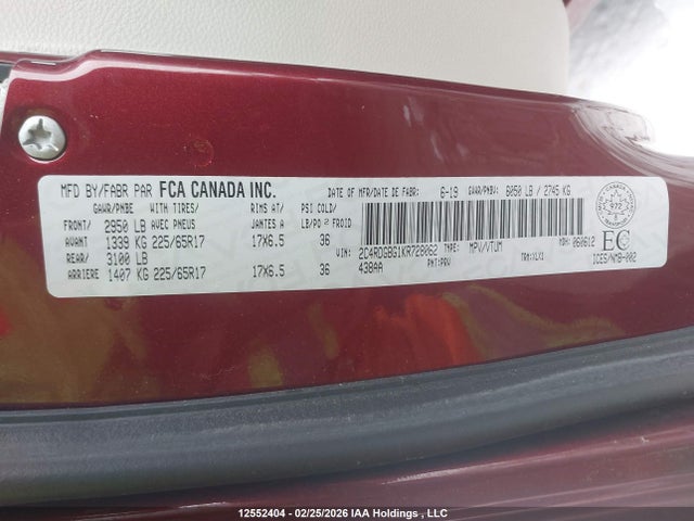 Aukcja sprzedaży 2019 Dodge Grand Caravan Cvp/sxt, vin: 2C4RDGBG1KR728062, numer aukcji: 12552404