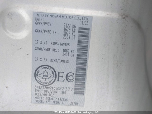 12552406 :رقم المزاد ، 5N1AT2MV2FC822377 vin ، 2015 Nissan Rogue S/sl/sv مزاد بيع