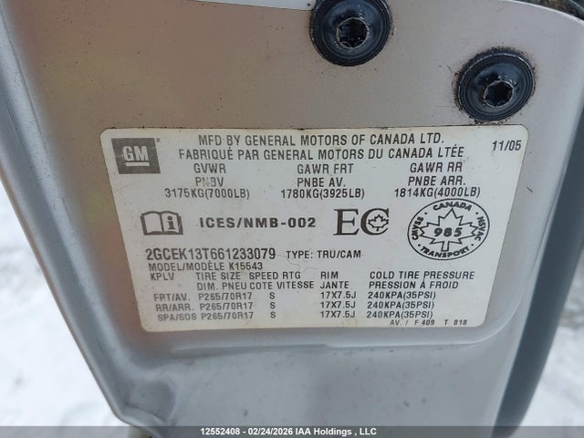 2006 Chevrolet Silverado K1500 მანქანა იყიდება აუქციონზე, vin: 2GCEK13T661233079, აუქციონის ნომერი: 12552408