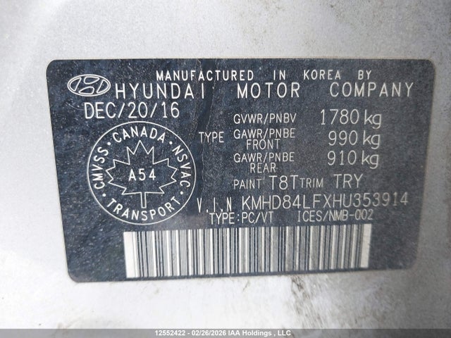 KMHD84LFXHU353914 Hyundai Elantra