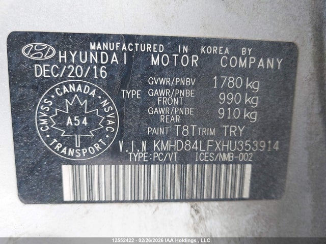 KMHD84LFXHU353914 Hyundai Elantra