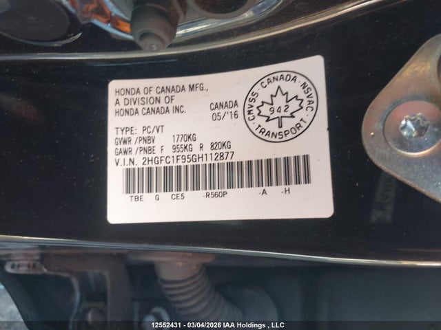 Продажа на аукционе авто 2016 Honda Civic Touring, vin: 2HGFC1F95GH112877, номер лота: 12552431