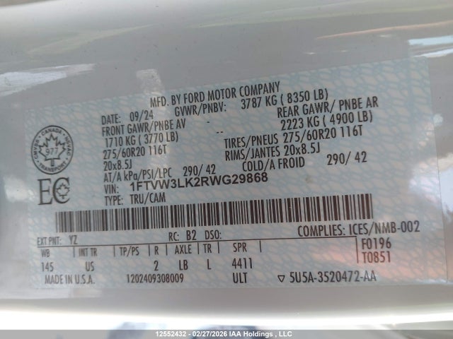 Продаж на аукціоні авто 2024 Ford F-150 Lightning Xlt, vin: 1FTVW3LK2RWG29868, номер лоту: 12552432