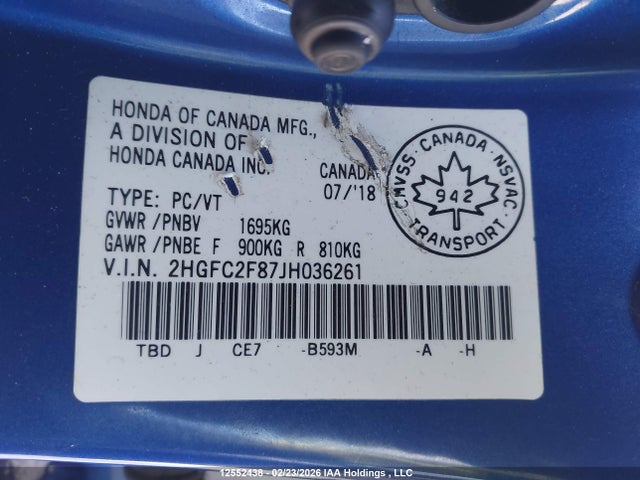 Продаж на аукціоні авто 2018 Honda Civic Ex, vin: 2HGFC2F87JH036261, номер лоту: 12552438