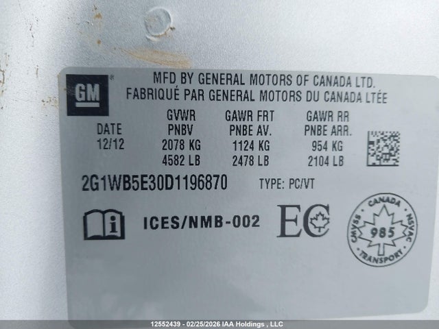 Продажа на аукционе авто 2013 Chevrolet Impala Lt, vin: 2G1WB5E30D1196870, номер лота: 12552439