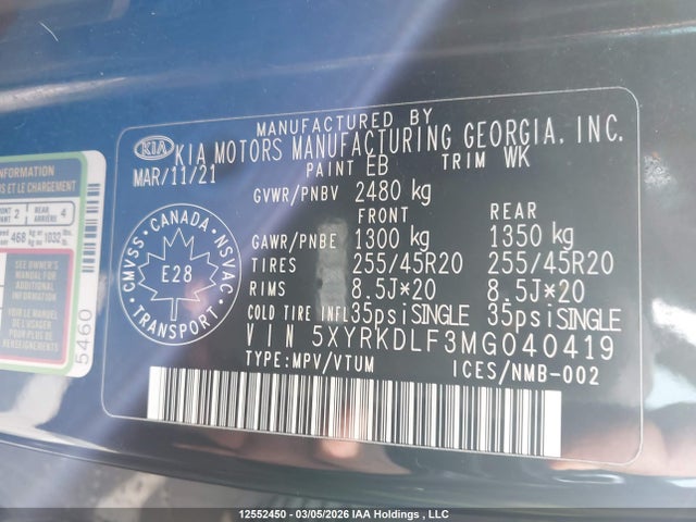5XYRKDLF3MG040419 KIA Sorento Sx/sxp