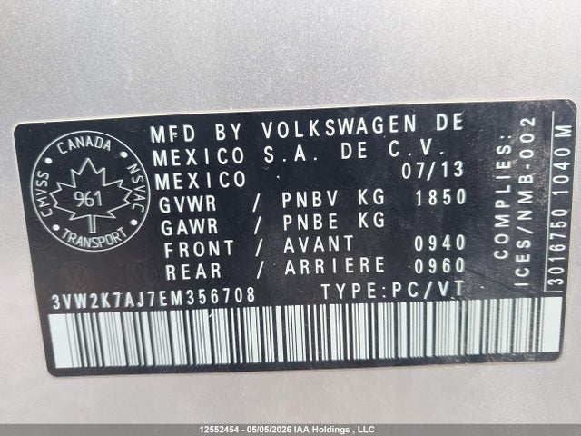 Aukcja sprzedaży 2014 Volkswagen Jetta 2.0l Trendline+, vin: 3VW2K7AJ7EM356708, numer aukcji: 12552454