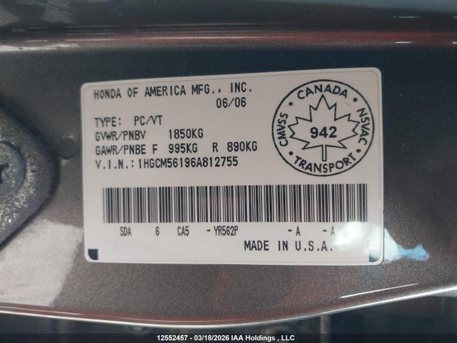 Aukcja sprzedaży 2006 Honda Accord Value, vin: 1HGCM56196A812755, numer aukcji: 12552457