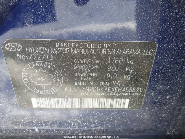 Продаж на аукціоні авто 2014 Hyundai Elantra Gls, vin: 5NPDH4AEXEH455671, номер лоту: 12552459