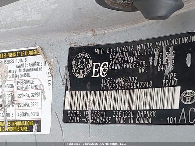 Продаж на аукціоні авто 2007 Toyota Matrix Xr, vin: 2T1KR32E27C647248, номер лоту: 12552462