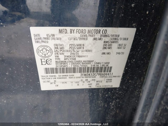2009 Ford Flex Sel მანქანა იყიდება აუქციონზე, vin: 2FMDK52C79BA04411, აუქციონის ნომერი: 12552464