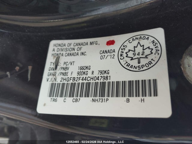 Aukcja sprzedaży 2012 Honda Civic Lx, vin: 2HGFB2F44CH047981, numer aukcji: 12552465