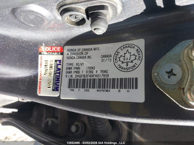 2015 Honda Civic Lx მანქანა იყიდება აუქციონზე, vin: 2HGFB2F49FH017959, აუქციონის ნომერი: 12552466