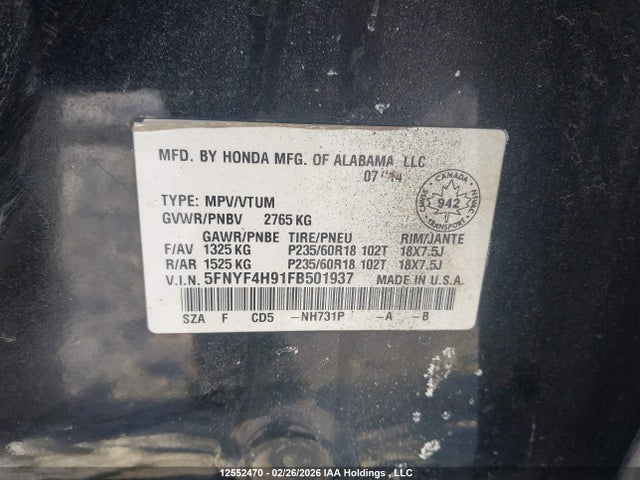 5FNYF4H91FB501937 Honda Pilot Touring