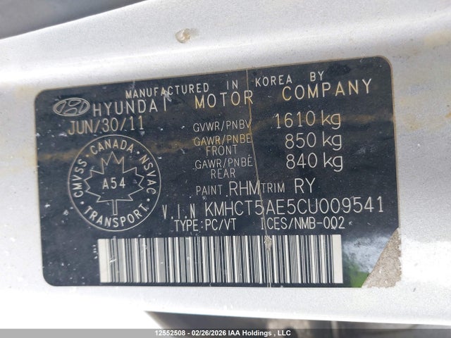 Aukcja sprzedaży 2012 Hyundai Accent Gls/gs, vin: KMHCT5AE5CU009541, numer aukcji: 12552508