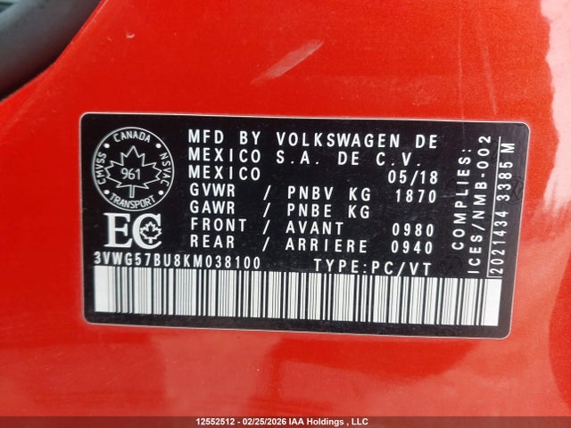 3VWG57BU8KM038100 Volkswagen Jetta Sel Premium