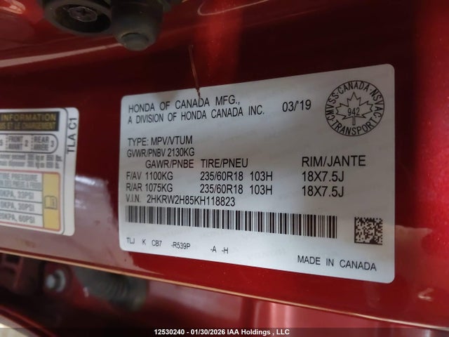 2HKRW2H85KH118823 Honda Cr-v Ex-l