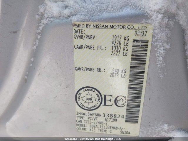 1N4AL3AP6HN338824 Nissan Altima 2.5/2.5 S/2.5 Sl/2.5 Sr/2.5 Sv
