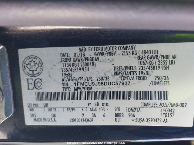 2013 Ford Escape მანქანა იყიდება აუქციონზე, vin: 1FMCU9J98DUC57937, აუქციონის ნომერი: 12552521