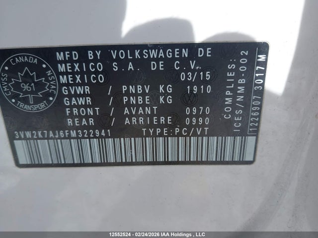 3VW2K7AJ6FM322941 Volkswagen Jetta 2.0l Trendline/2.0l Trendline+