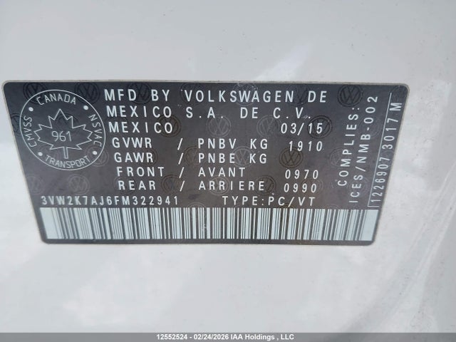 3VW2K7AJ6FM322941 Volkswagen Jetta 2.0l Trendline/2.0l Trendline+