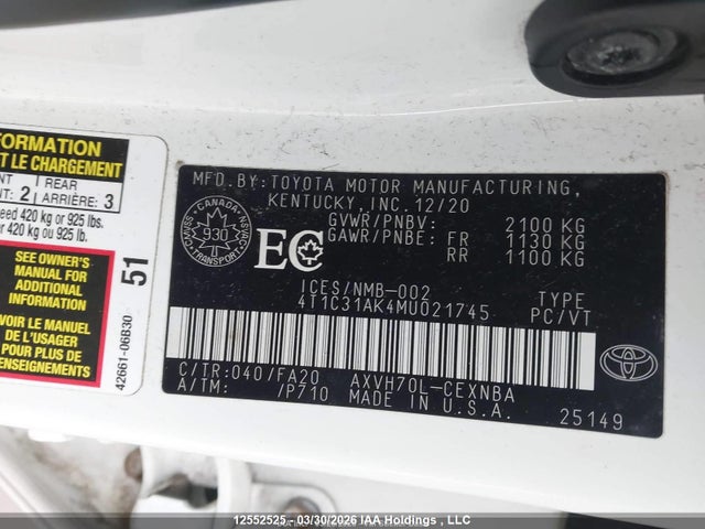 4T1C31AK4MU021745 Toyota Camry Hybrid Le