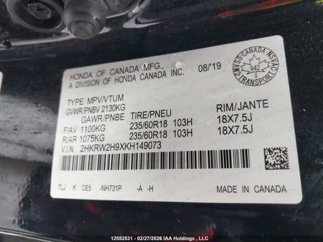 2HKRW2H9XKH149073 Honda Cr-v Touring