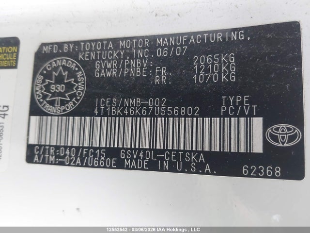 Продажа на аукционе авто 2007 Toyota Camry Le/xle/se, vin: 4T1BK46K67U556802, номер лота: 12552542