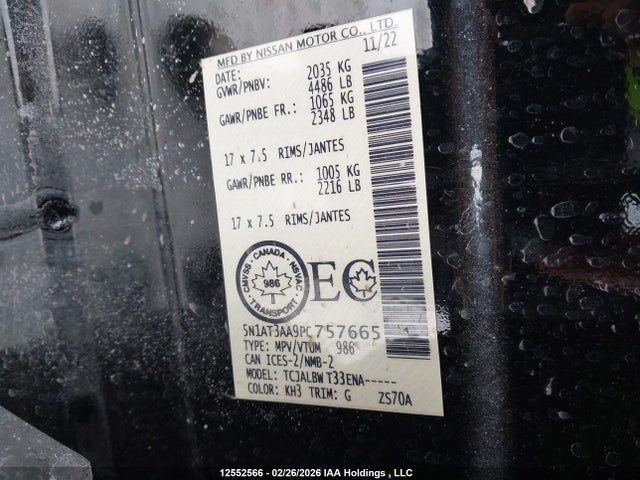 12552566 :رقم المزاد ، 5N1AT3AA9PC757665 vin ، 2023 Nissan Rogue مزاد بيع
