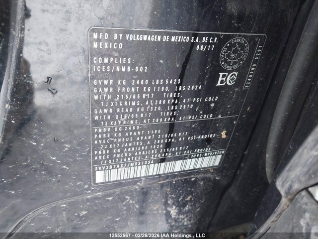 12552567 :رقم المزاد ، 3VV2B7AX7JM031334 vin ، 2018 Volkswagen Tiguan Comfortline مزاد بيع