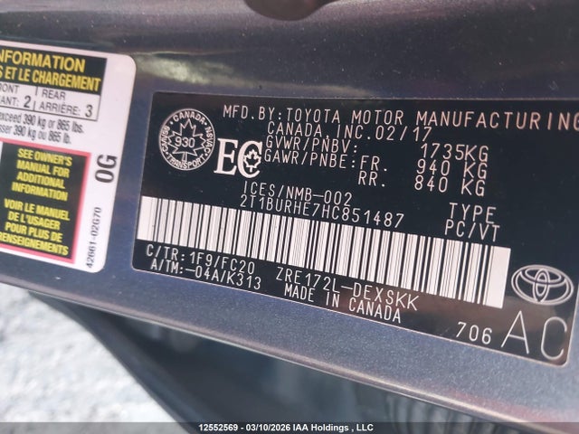 2T1BURHE7HC851487 Toyota COROLLA SE
