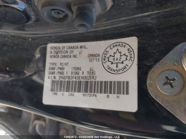 Продаж на аукціоні авто 2014 Honda Civic Lx, vin: 2HGFB2F43EH002842, номер лоту: 12552572