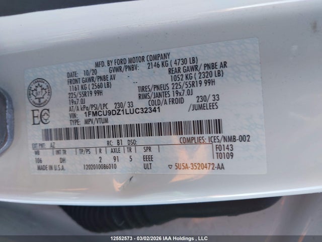 2020 Ford Escape მანქანა იყიდება აუქციონზე, vin: 1FMCU9DZ1LUC32341, აუქციონის ნომერი: 12552573