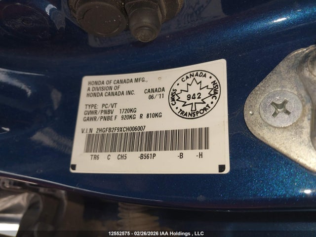 Aukcja sprzedaży 2012 Honda Civic Exl, vin: 2HGFB2F9XCH006007, numer aukcji: 12552575