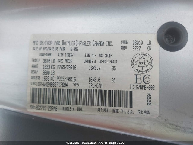 Aukcja sprzedaży 2006 Dodge Dakota Slt, vin: 1D7HW42N96S717694, numer aukcji: 12552583