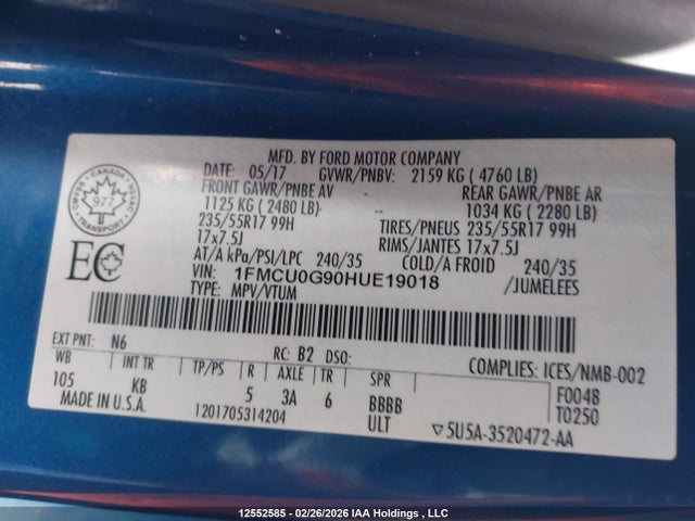 1FMCU0G90HUE19018 Ford ESCAPE SE