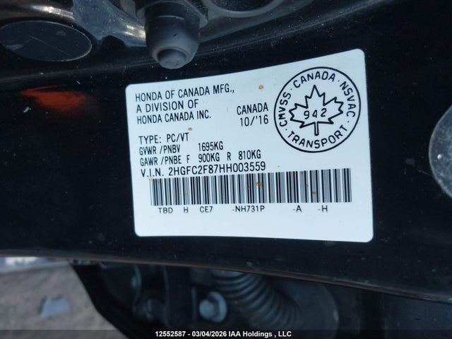 Aukcja sprzedaży 2017 Honda Civic Ex 4dr, vin: 2HGFC2F87HH003559, numer aukcji: 12552587